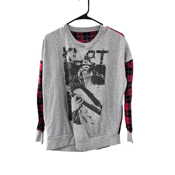 ✌️ 2/$40 ✌️ Kurt Cobain Gray and Plaid Crewneck Hot Topic sz Small - Picture 1 of 4